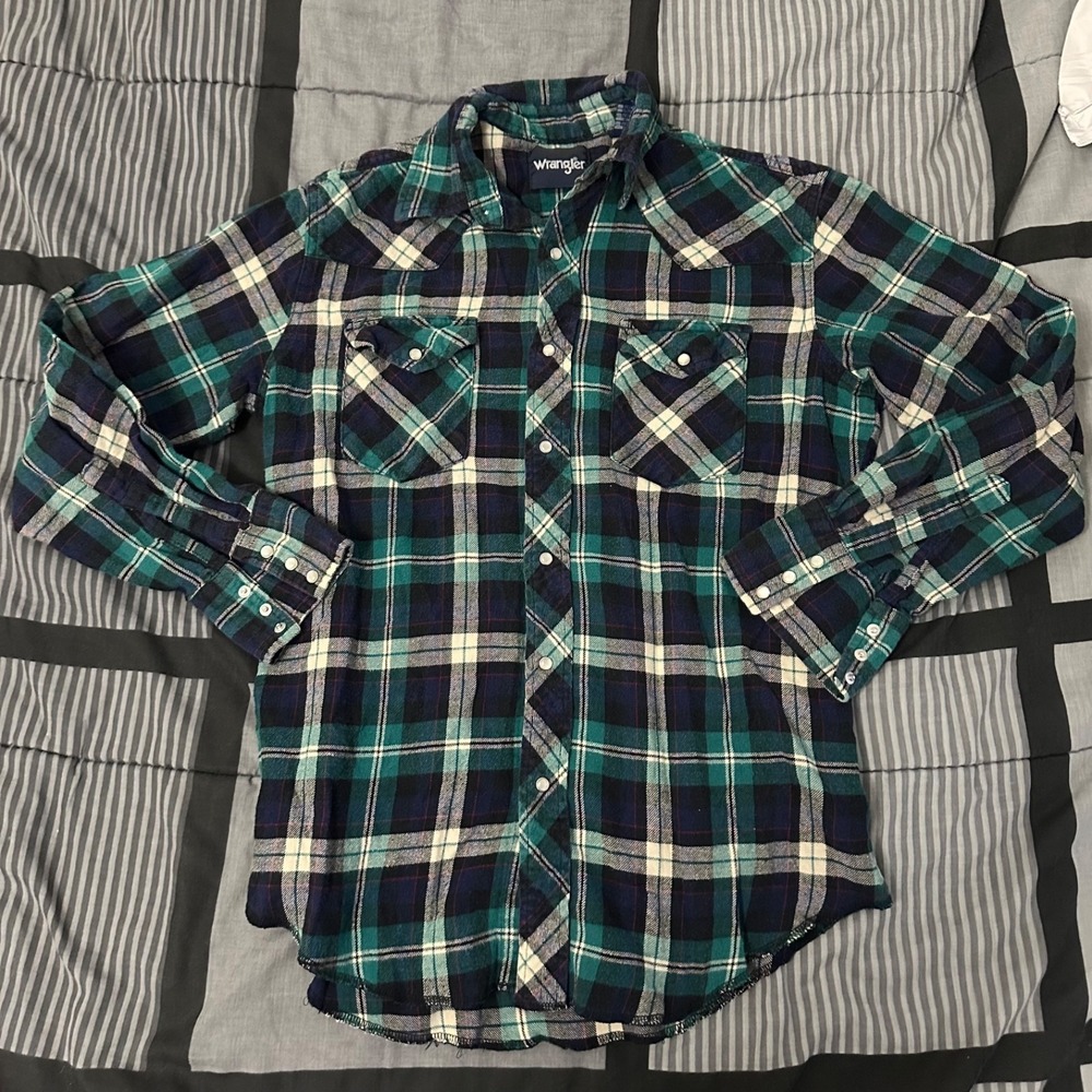 Vintage Wrangler Pearl Snap Checkered Green Western Flannel Shirt Men Medium